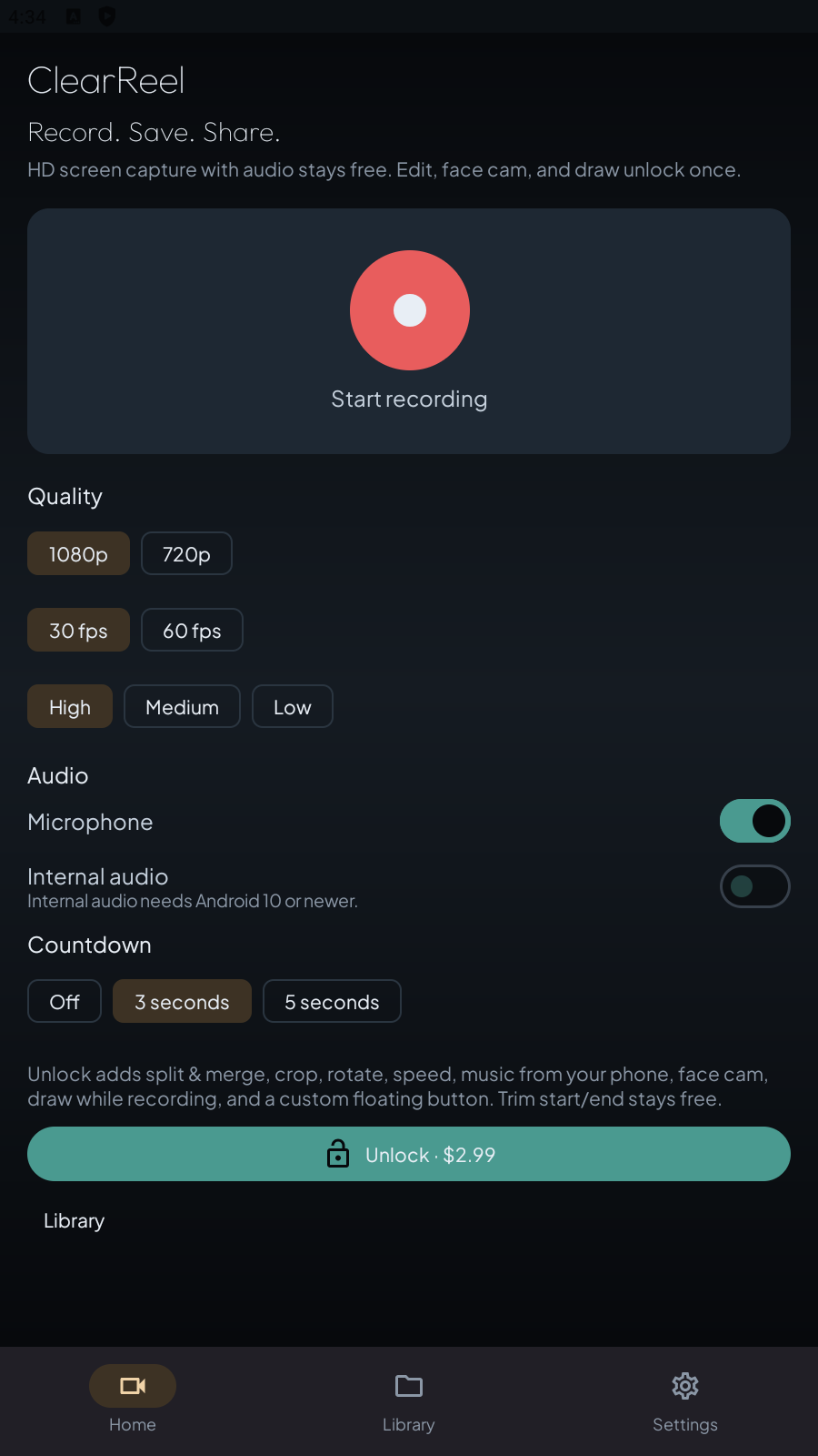ClearReel home screen with a Start recording button and settings for 1080p or 720p, 30 or 60 fps, bitrate, microphone, internal audio, and countdown