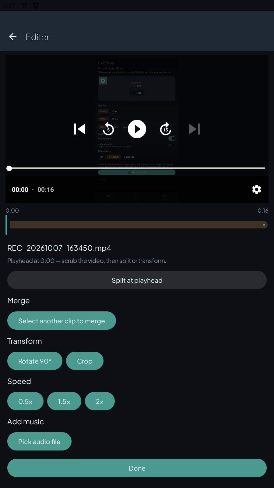 ClearReel editor with split at playhead, merge, rotate, crop, speed, and add music