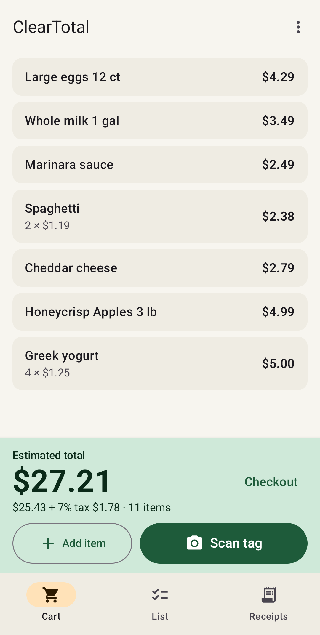 ClearTotal cart with seven grocery items and an estimated total of $27.21 including 7% tax, with Add item and Scan tag buttons