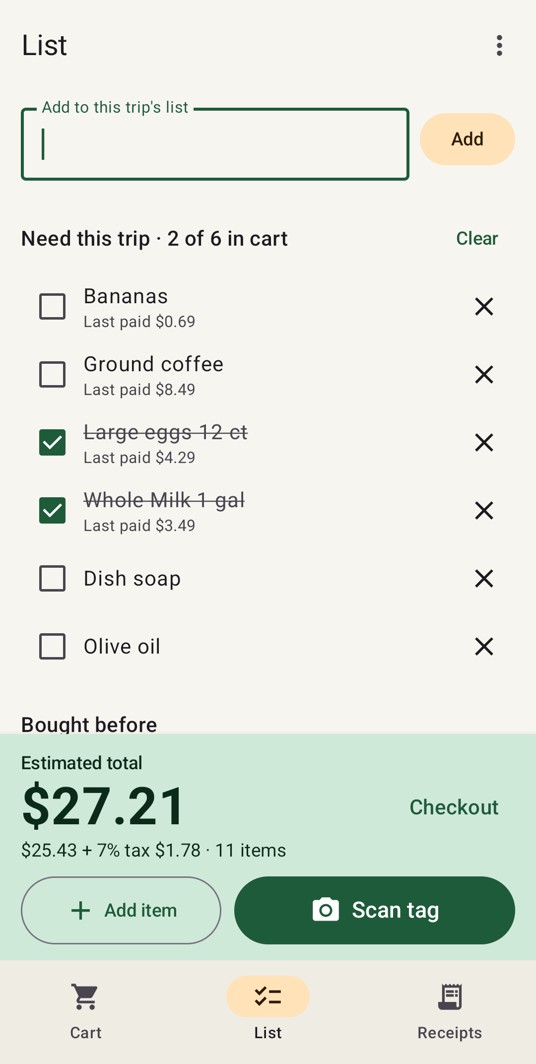 ClearTotal grocery list showing items needed this trip, two already checked off in the cart, with last prices paid