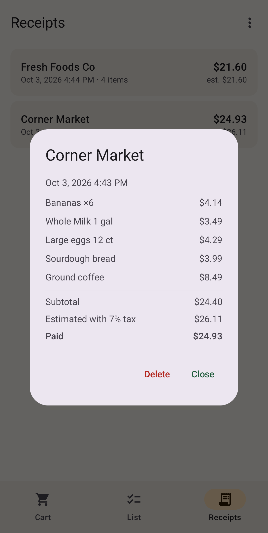 ClearTotal receipt for Corner Market with line items, subtotal, estimate with tax, and the amount paid