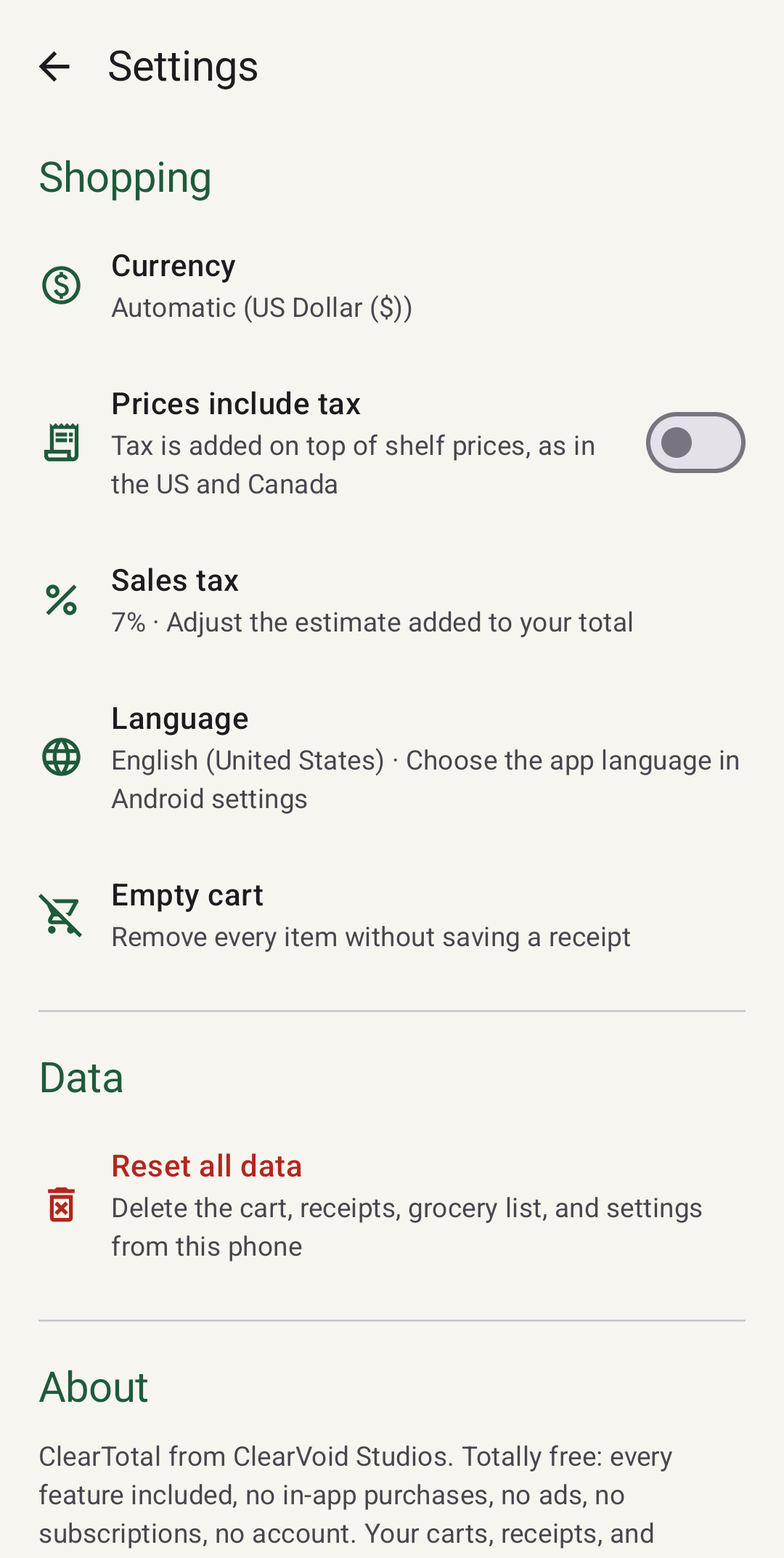 ClearTotal settings with currency, a prices-include-tax switch, sales tax, language, empty cart, reset all data, and the About section: totally free, no in-app purchases, no ads, no subscriptions, no account
