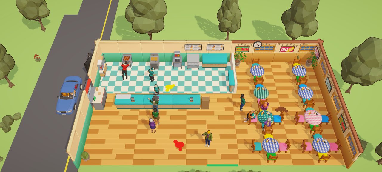 Top-down view of the restaurant: a checkered kitchen with grill, fryer, and soda machine, a line at the counter, diners at checkered tables, and a car in the drive-thru lane