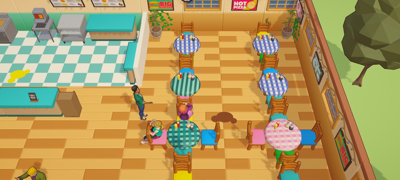 Close view of the dining room with round checkered tables, colorful chairs, seated diners, and a spill waiting to be cleaned