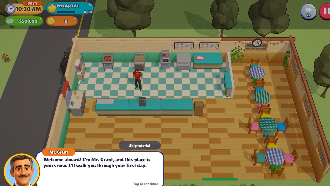 Day 1 in the empty restaurant with $500, prestige level 1, and Mr. Grant saying: Welcome aboard! I'm Mr. Grant, and this place is yours now. I'll walk you through your first day.