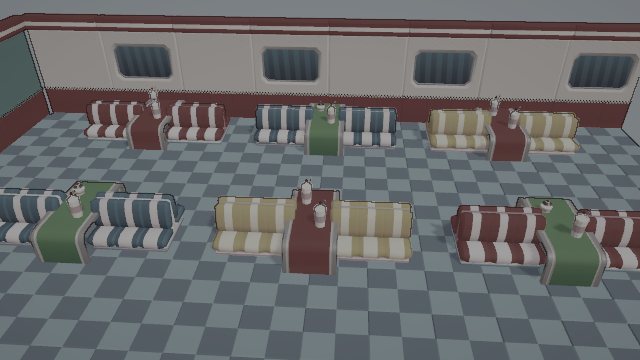 A 50s diner with striped booths, checkered floor, and porthole windows, shown grayed out because it is still locked