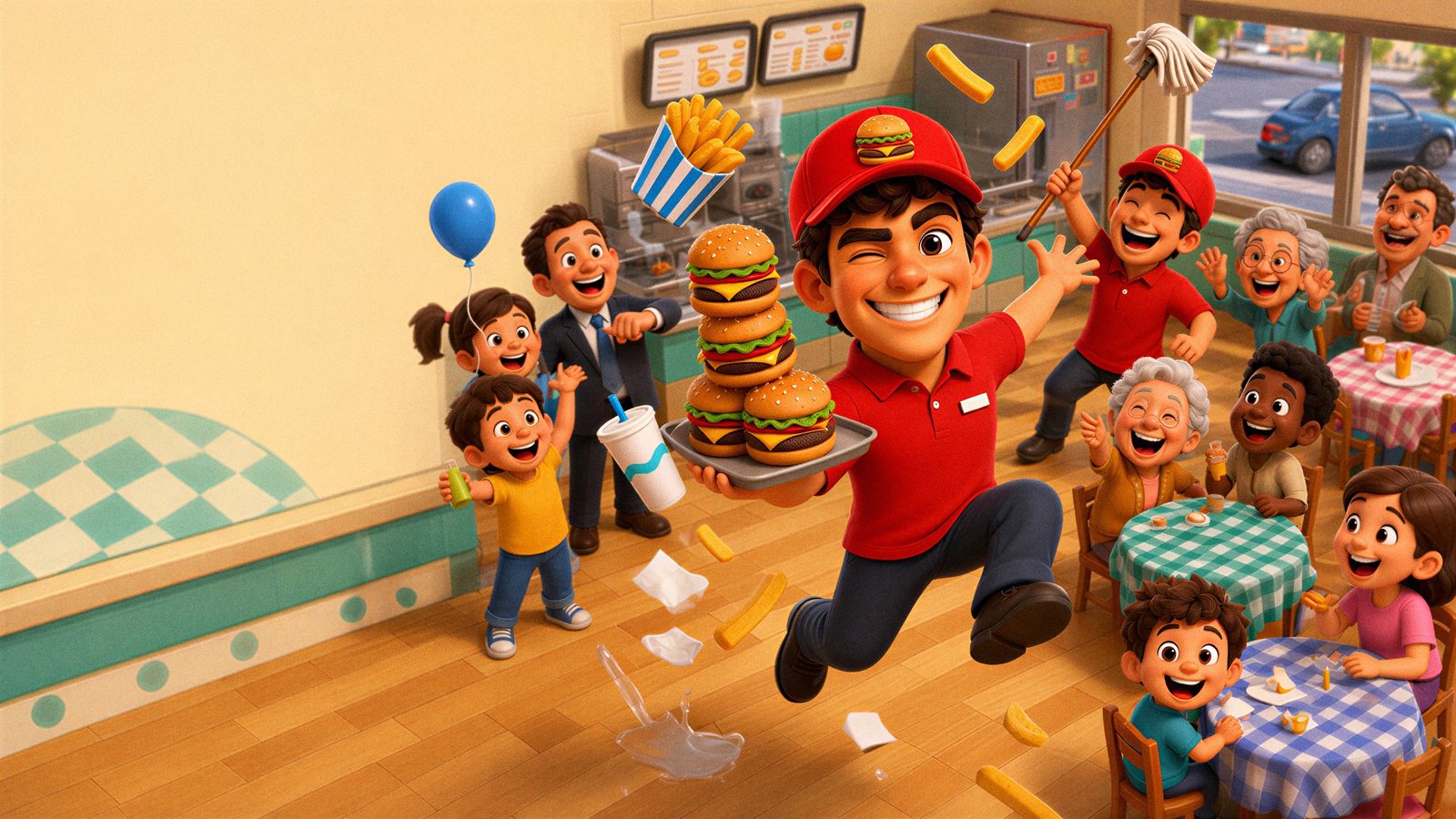 Fries to Fine Dining cover art: a winking cook leaps through a busy restaurant carrying a tray stacked with burgers while customers cheer