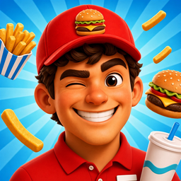Fries to Fine Dining icon: a winking cook in a red cap with a burger badge