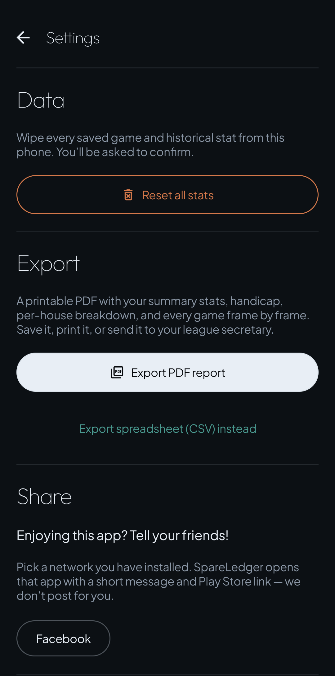SpareLedger settings with Export PDF report and export spreadsheet (CSV) options
