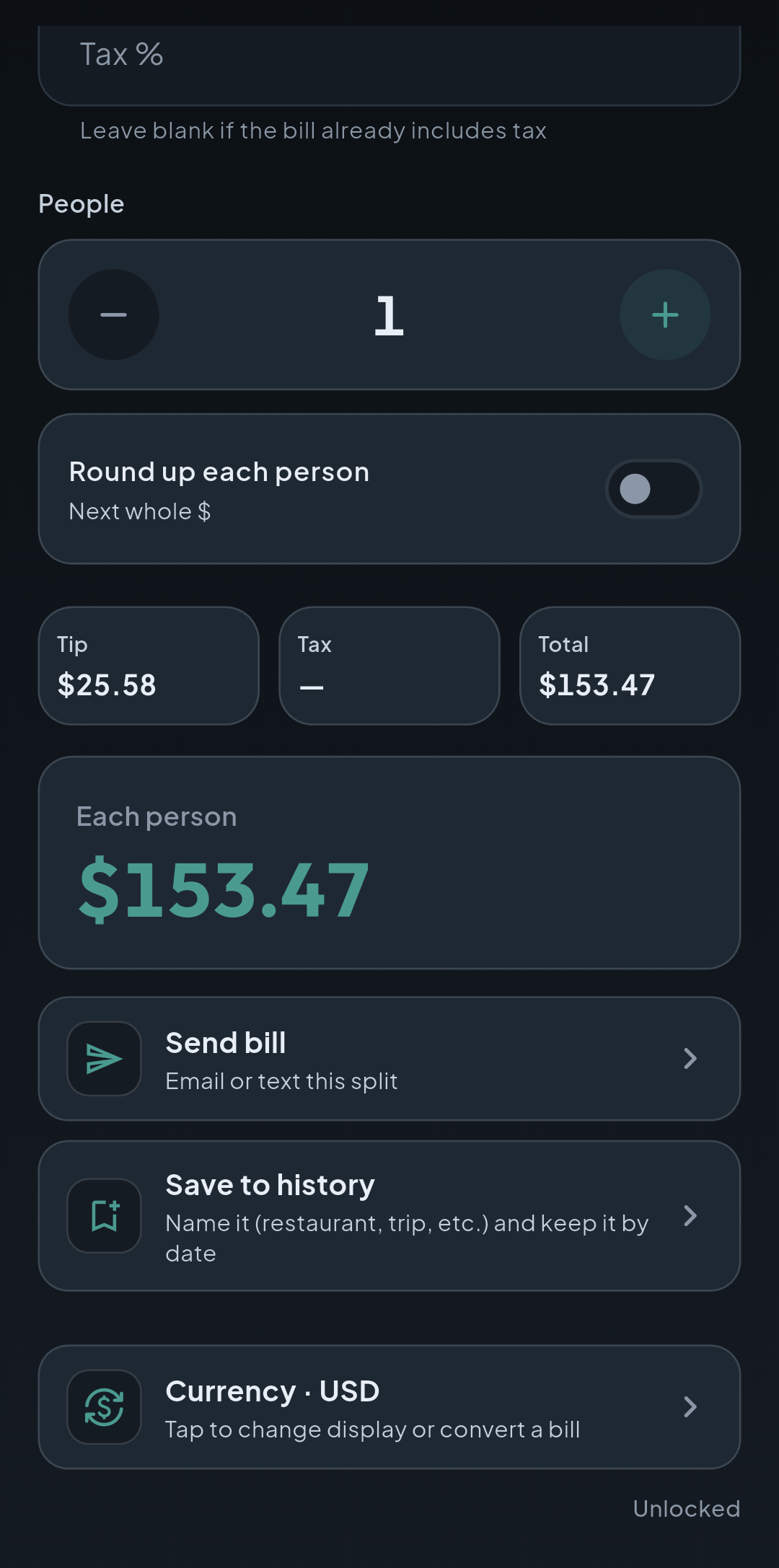 SplitClear split result with tip, tax, total, each person&rsquo;s share, and options to send the bill or save it to history