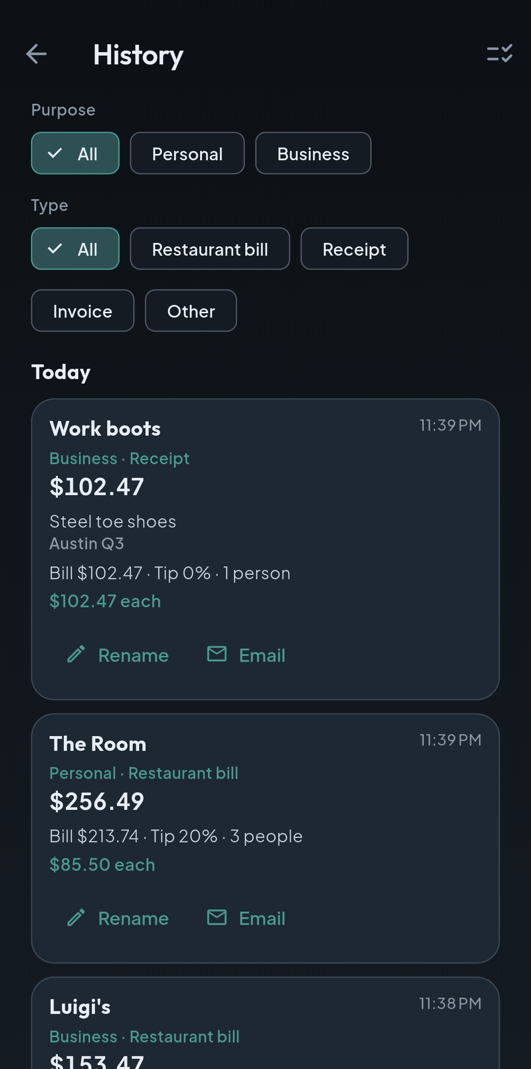 SplitClear history filtered by purpose and type, with saved splits showing totals, tip, people, and each share