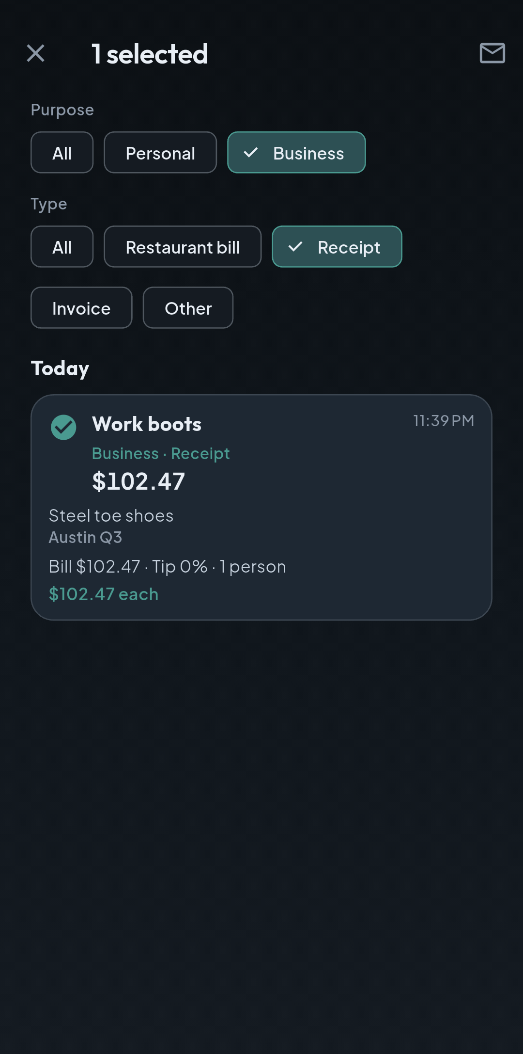 SplitClear history with a business receipt selected for emailing